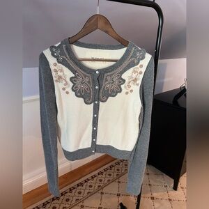 We The Free Gray & Cream Embroidered Button-Up Cardigan